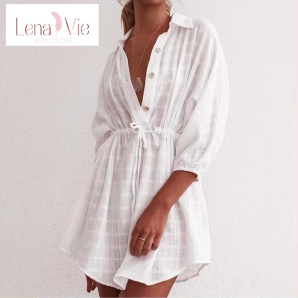 Lena Vie | Sheer Cotton White Plaid Sexy Shirt Dress, Cover-up Sundress - Picture 13 of 15